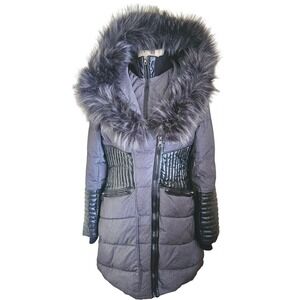 Saki Puffer Coat Faux Fur Hood Black Faux Leather Accents Quilted Gray Women's M